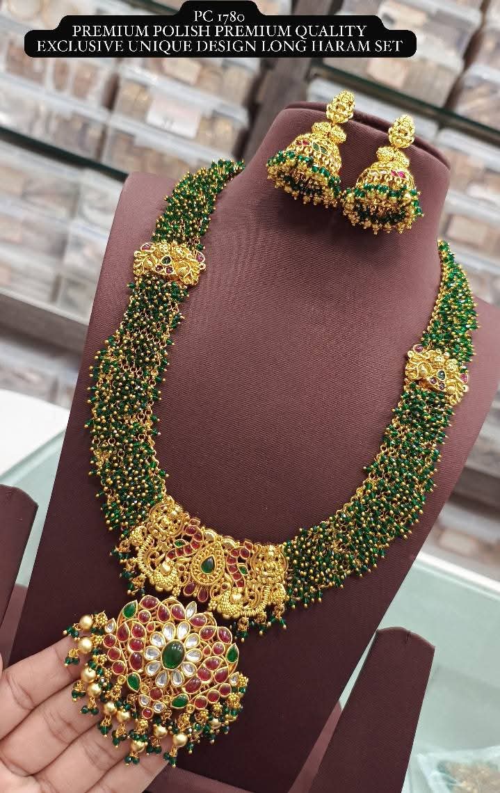 Pattu Jewels Kemp Long Green Necklace Set